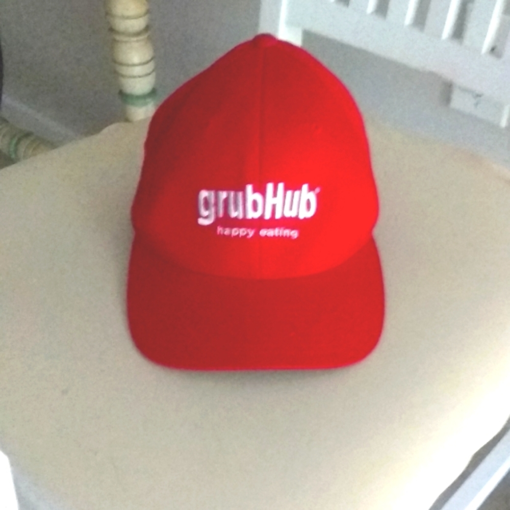 New GrubHub Hat Unisex Red Logo Happy Eating Size S-M